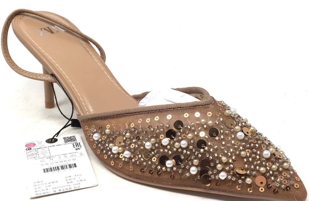 Zara Women's Size 41/10 Mesh & Bead Brown Pointed Toe Slingback Heels Shoes